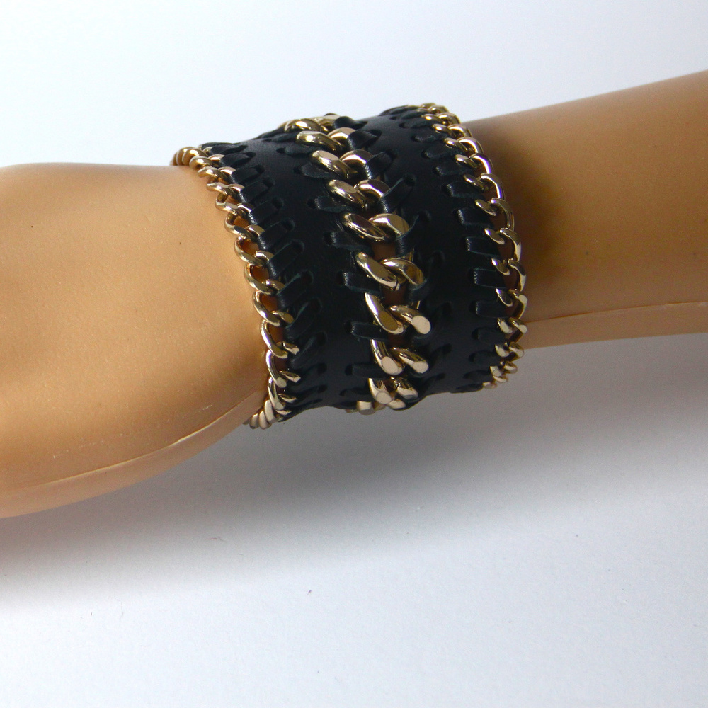 Black Leather Gold Chain Wrap Wide Cuff Bracelet